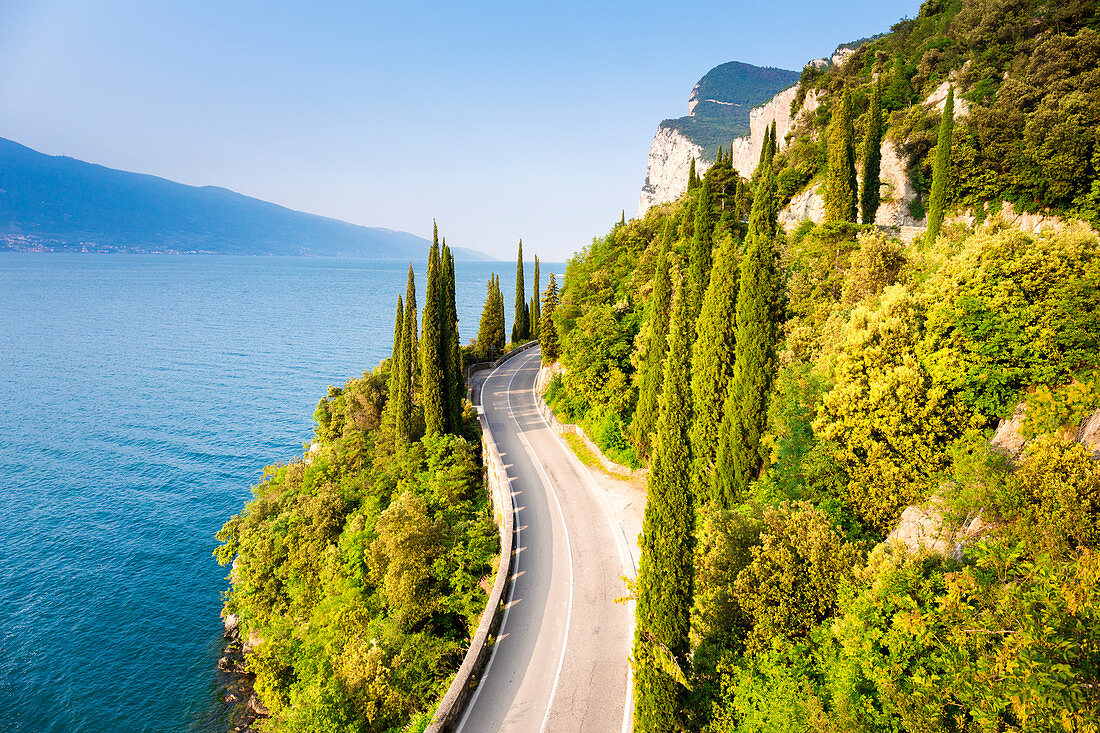 Scenic SS45 road on the west side of Garda Lake. Brescia district, Lombardia, Italy