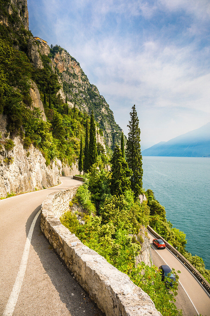 Scenic road SS45 on the west coast of GArda Lake near Tremosine. Brescia Province, Lombardia, Italy