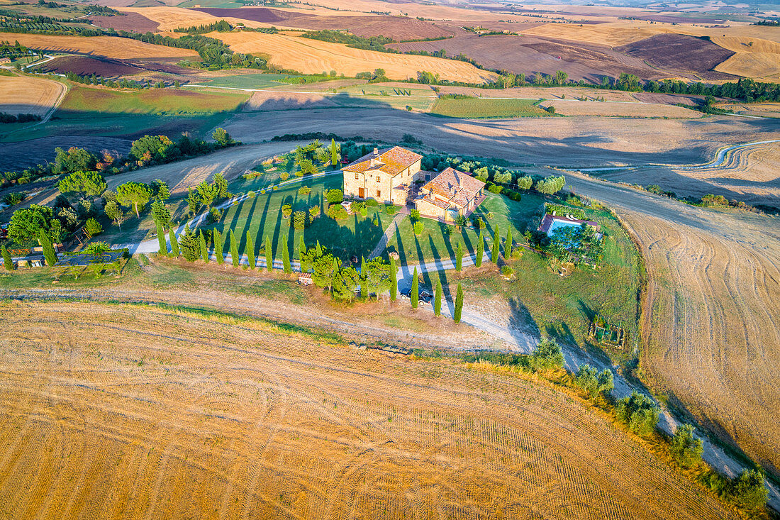 Luftaufnahme der Pienza Landschaft, Val d'Orcia, Toskana, Italien