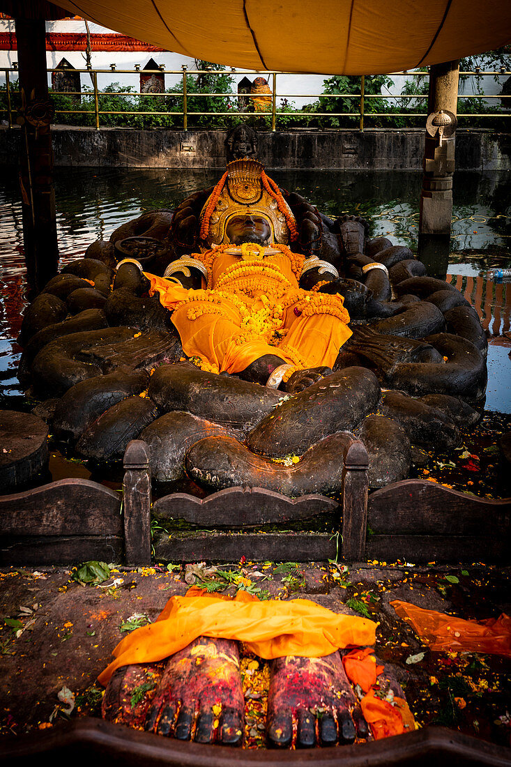 Sleeping Vishnu statue at Budanilkantha, Kathmandu, Nepal. Nepalese, Asia, Asian, Himalayan Country, Himalayas.
