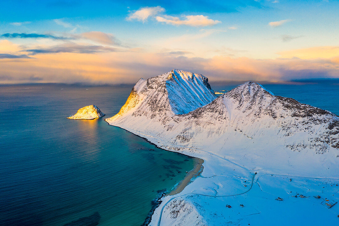 Aerial view of Haukland beach after a snowfall, Vestvagoy, Nordland, Lofoten Islands, Norway