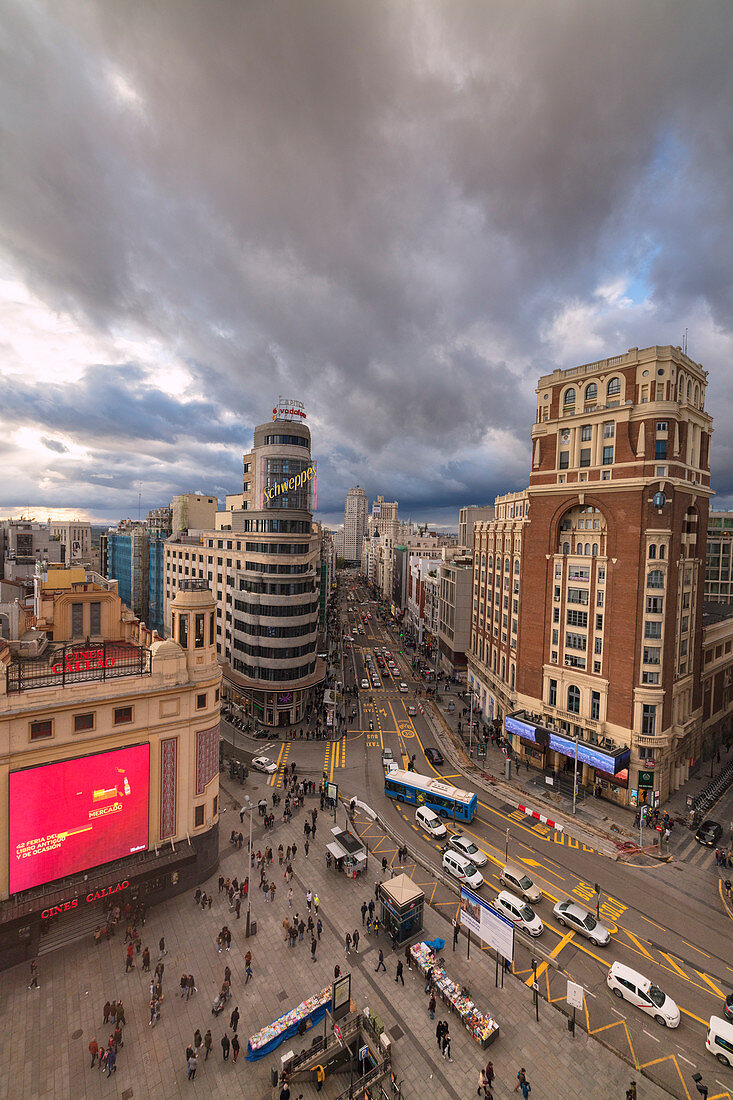 Elevated view of Plaza del Callao (Callao Square) and Gran Via Avenue, Madrid, Spain