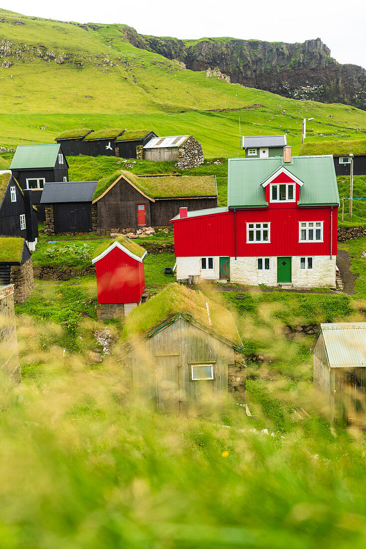 Traditionelles Dorf von Mykines, Mykines-Insel, Färöer, Dänemark