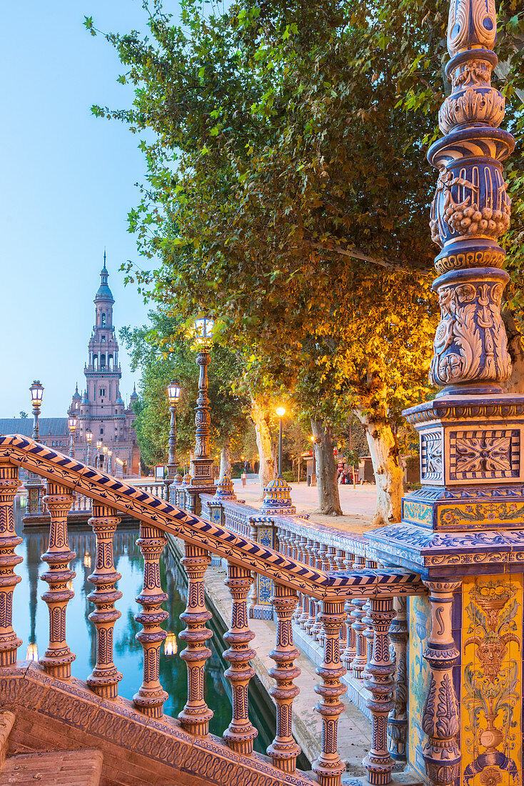 Decorated ceramic balustrade and balcony of typical bridge on the canal, Plaza de Espana, Seville, Andalusia, Spain