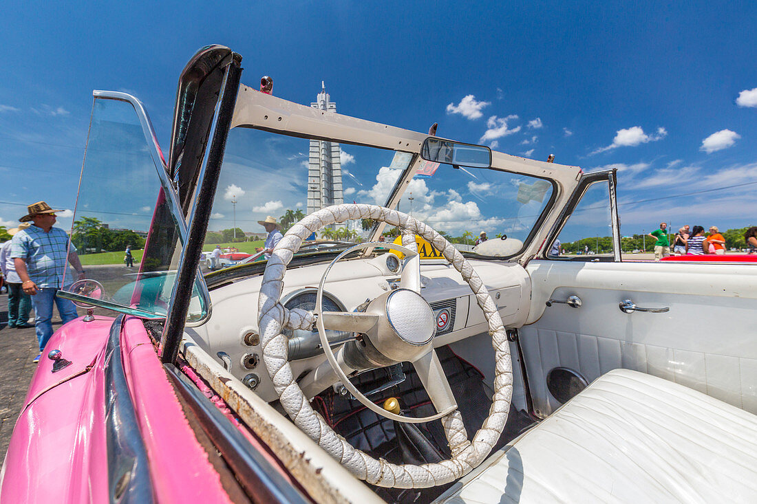 Jose Marti Memorial and Classic American car interiors in Revolution Square, Havana Province, Cuba