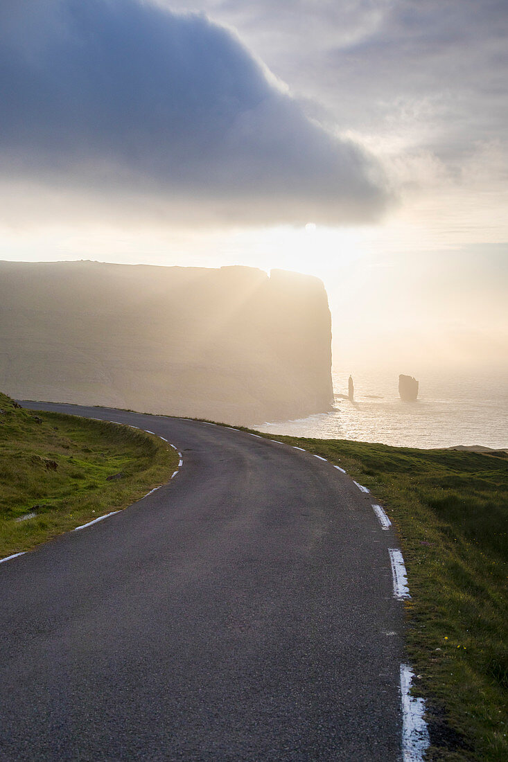 Cliffs of Risin og Kellingin seen from Eidi, Eysturoy Island, Faroe Islands, Denmark