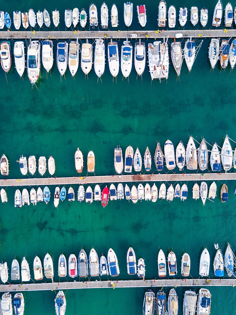 Boats, aerial view, Campomarino di Maruggio, Taranto province, Apulia, Salento, Italy, Europe.