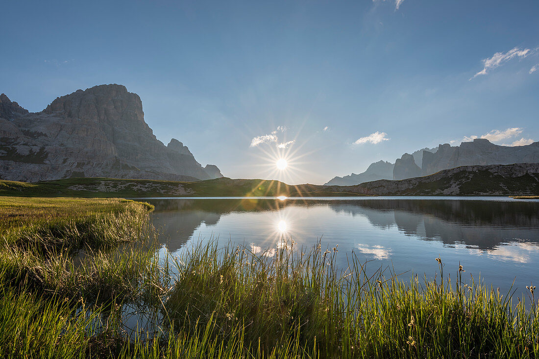 Sesto / Sexten, province of Bolzano, Dolomites, South Tyrol, Italy. Sunrise at the lake Piani