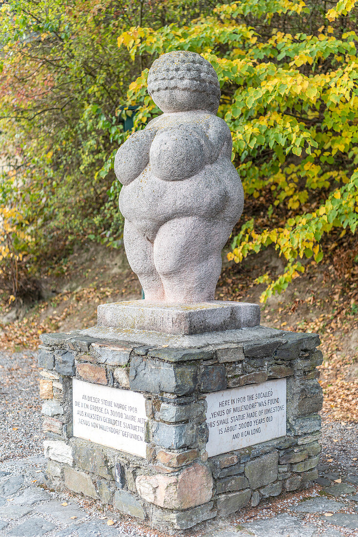 Willendorf in der Wachau, Wachau, Waldviertel, district of Krems, Lower Austria, Austria, Europe. Replica of Venus of Willendorf. The Venus of Willendorf is an Venus figurine estimated to have been made 30,000 BCE