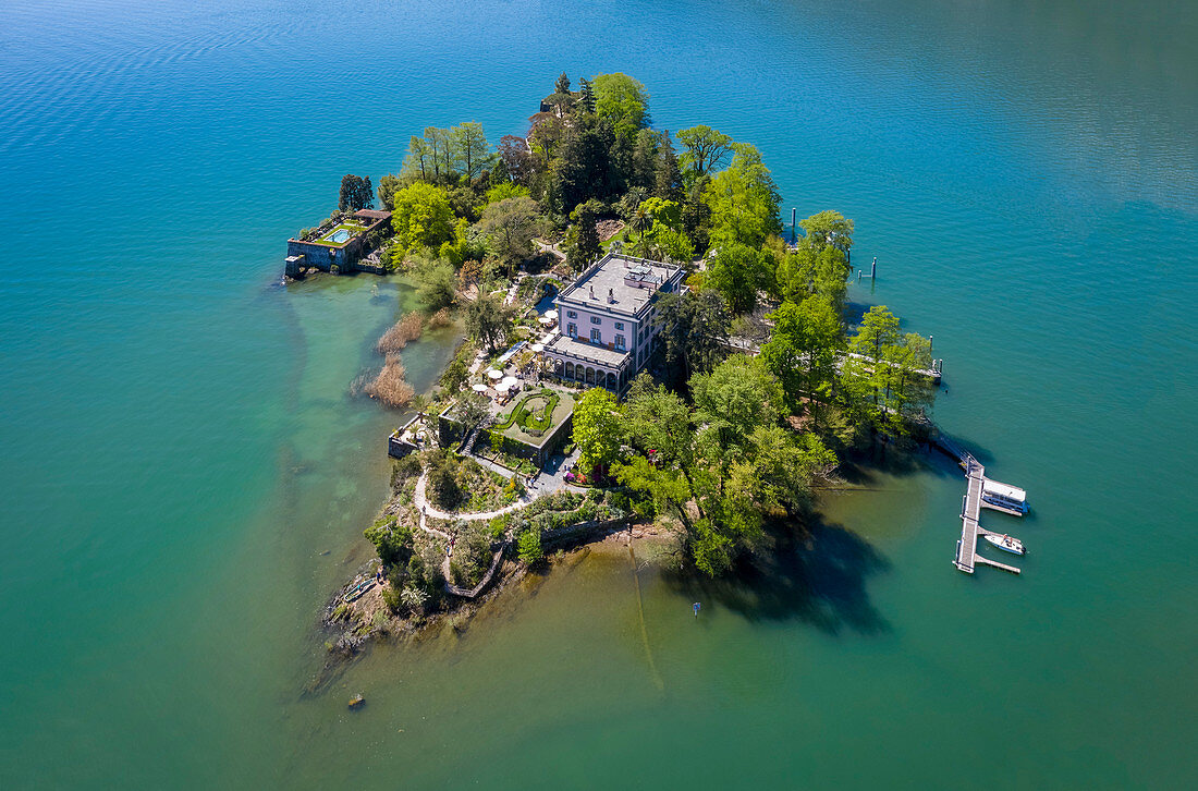 Aerial view of the Brissago Islands near Ascona, on the northern part of the Lake Maggiore. Canton Ticino, Switzerland.