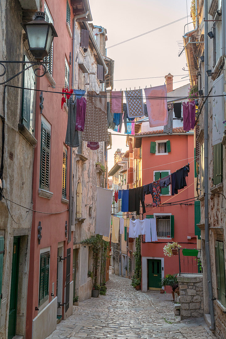 Rovinj - Rovigno, a narrow cobblestone street/alley in the old town, Istria, Adriatic coast, Croatia