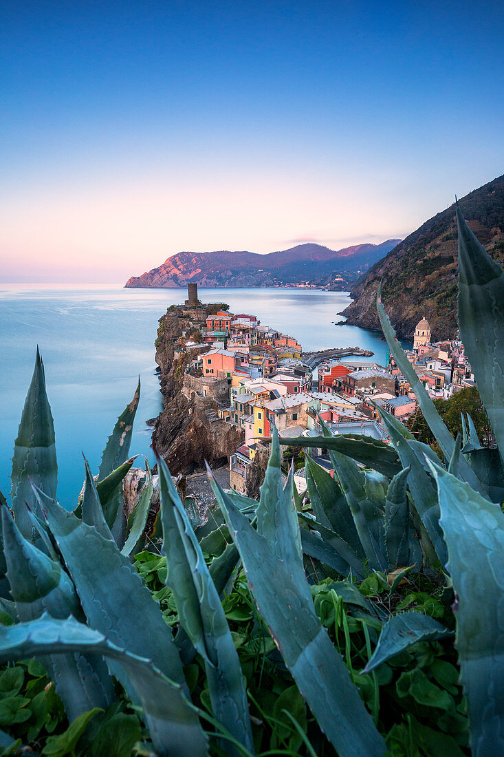 Sunrise on the village of Vernazza from above. Cinque Terre, Liguria, Italy, Europe.