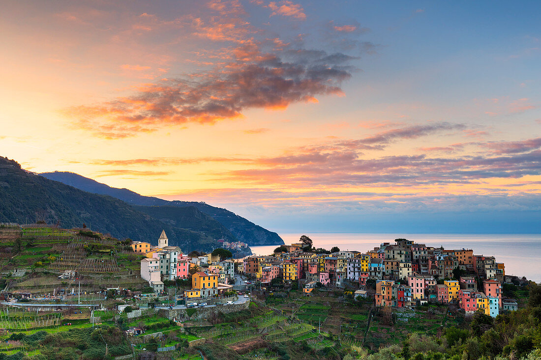 Sunrise in the village of Corniglia. Cinque Terre, Liguria, Italy, Europe.