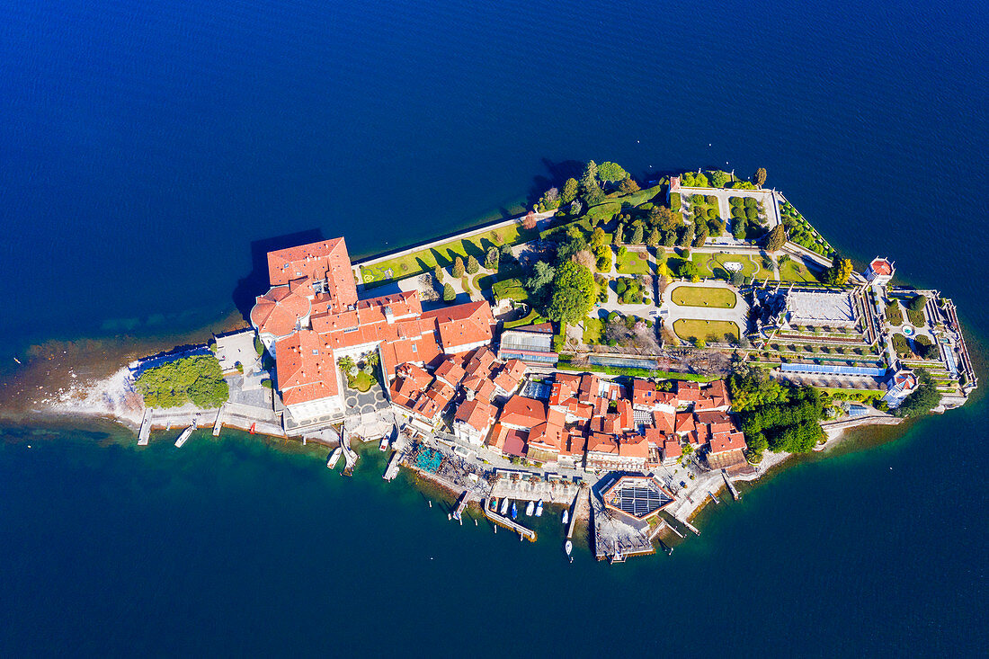 Aerial view of the Isola Bella. Stresa, Lake Maggiore, Piedmont, Italy. Europe.