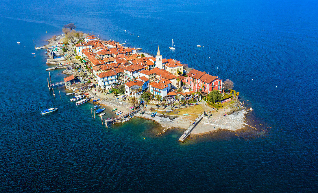 Aerial view of the Isola dei Pescatori. Stresa, Lake Maggiore, Piedmont, Italy. Europe.