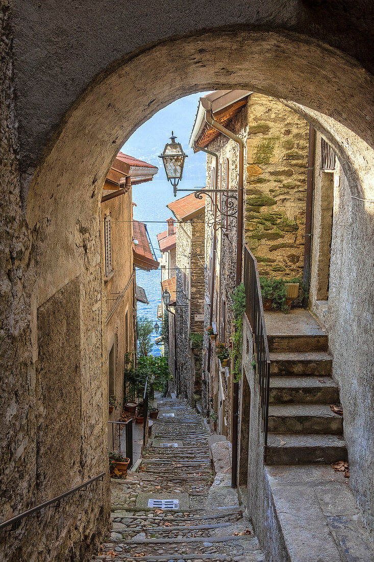 Alley of Corenno Plinio. Como Lake, Lombardy, Italy, Europe.