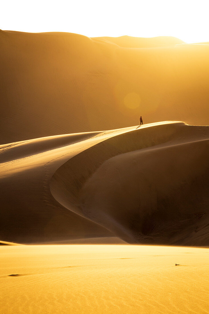Einsamer Mann in der Wüste bei Sonnenuntergang, Walfischbucht, Namibia, Afrika