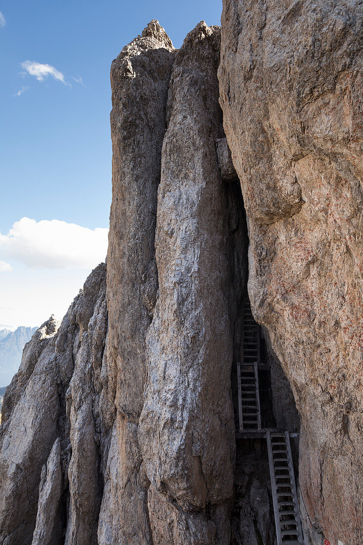 the stairs built into the rocks from the soldiers during the World War One, along the via ferrata Bepi Zac in the Marmolada Group, Trento Province, Trentino Alto Adige, Italy
