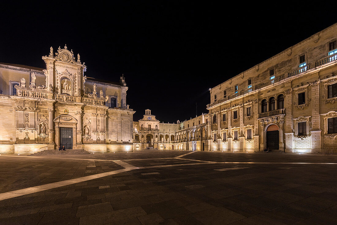 The Cathedral and Piazza del Duomo square in Lecce at night. Province of Lecce, Salento, Apulia, Italy.
