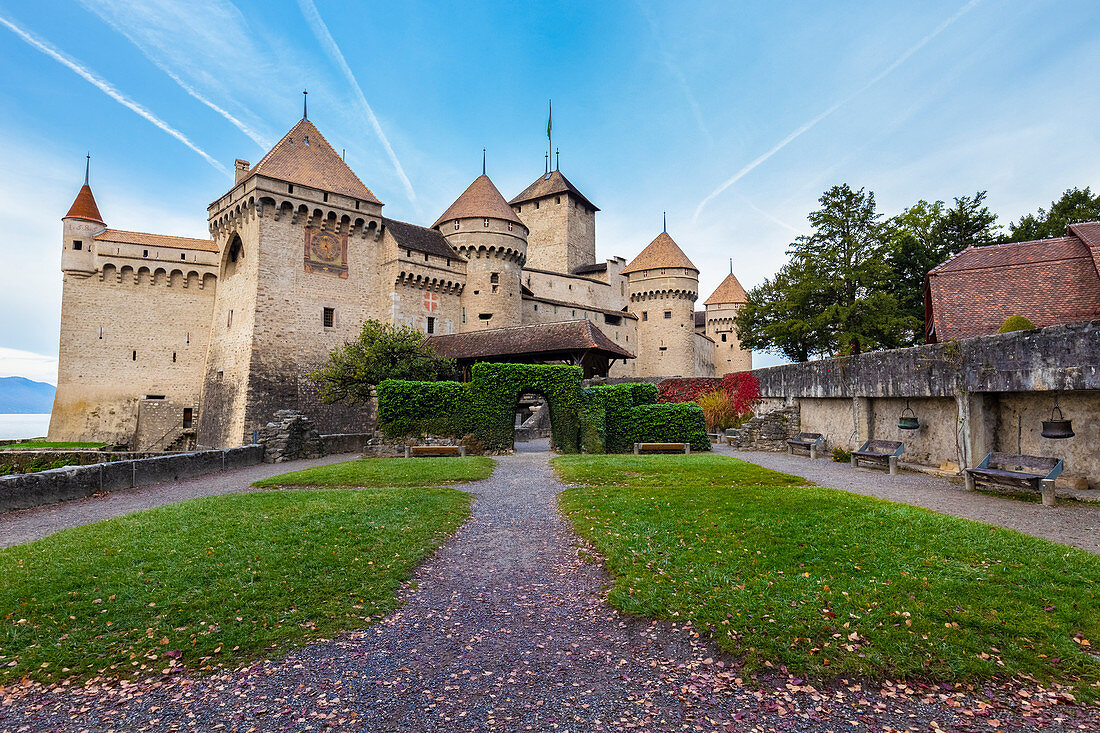 View of the courtyard of Chillon castle. Veytaux, Montreux, Canton of Vaud, Switzerland.