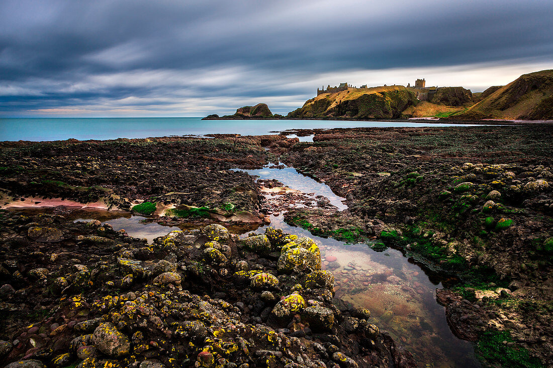 Dunnotar castle from the shore, Stonehaven, Scotland, United Kingdom, Northern Europe