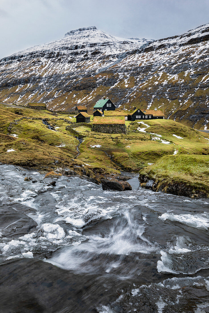 Iconic green roof houses (Saksun village, Streymoy island, Faroe Islands, Denmark)