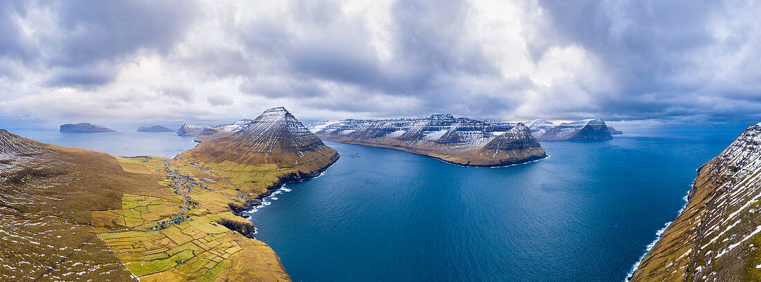 Aerial panoramic view of Vidareidi and Vidoy Island (Vidoy island, Faroe Islands, Denmark)