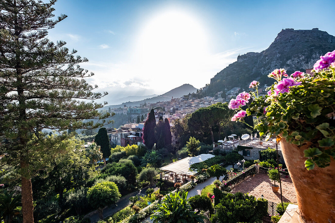 View from the Grand Hotel Timeo to the volcano etna and Taormina, Sicily, South Italy, Italy