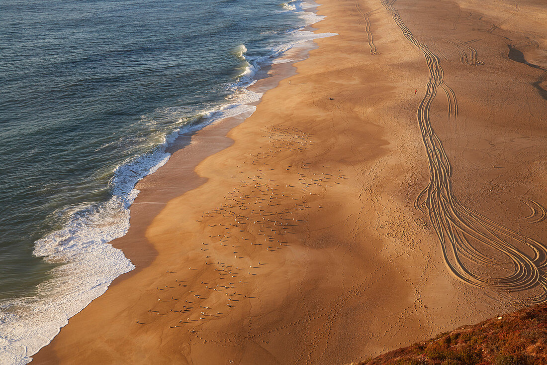 Abendsonne am weiten Sandstrand von Nazaré, Distrikt Leiria, Portugal, Europa