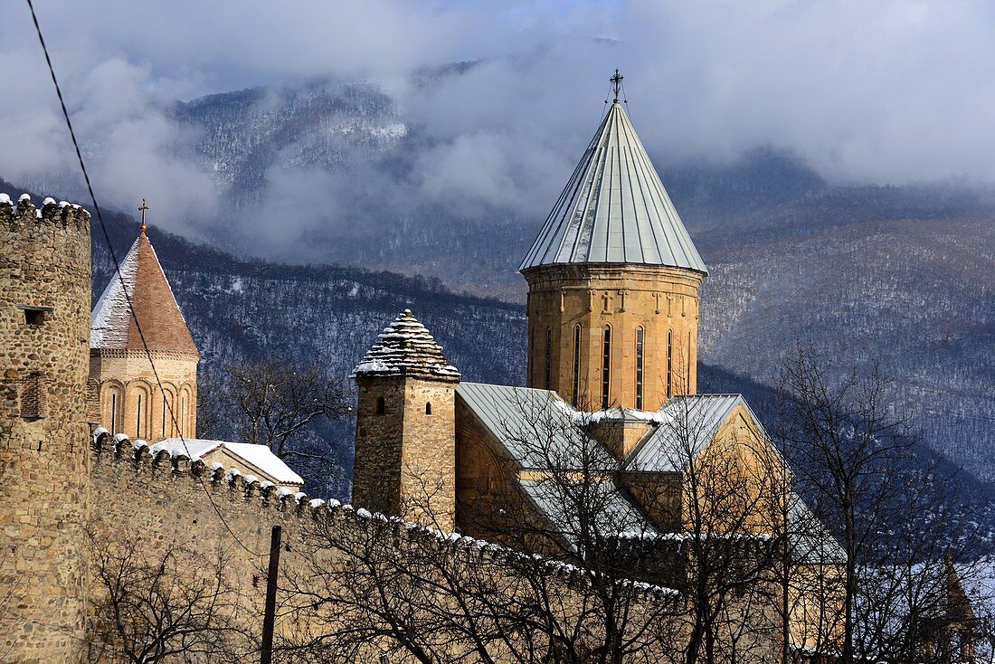 Castle church Ananuri at old military road in the big Caucasus, Georgia