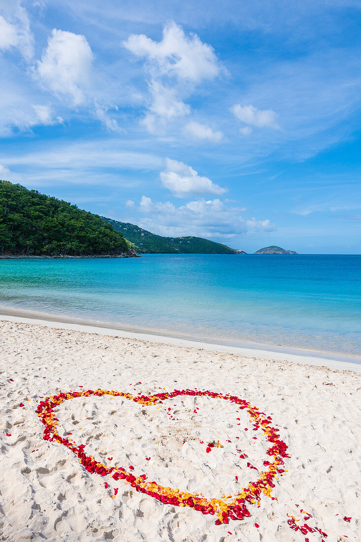 Herz aus Rosenblättern am Strand von Magens Bay, Charlotte Amalie, Saint Thomas, Karibik, USA