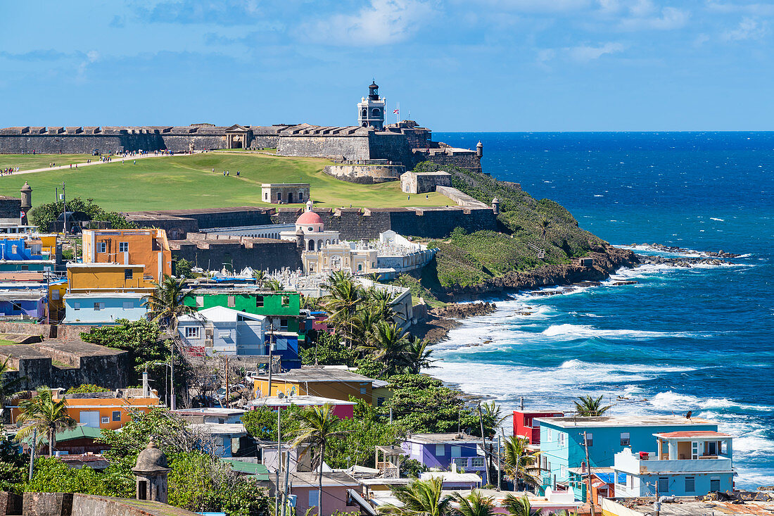 Atlantic coast with view to San Felipe del Morro Fortress, San Juan, Puerto Rico, Caribbean, USA