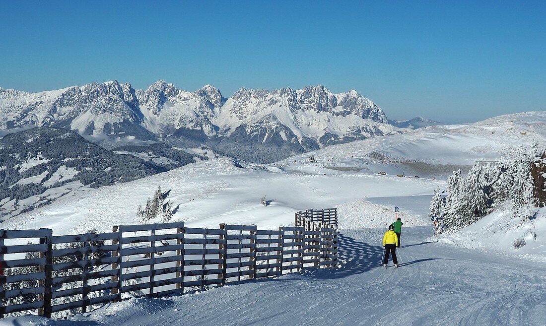 Skiing near Kitzbühel with Kaiser mountain, Winter in Tyrol, Austria