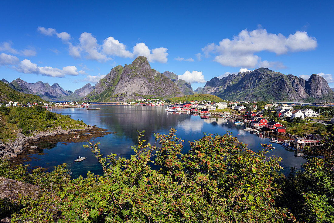 Hafen mit Hütten von Olstinden aus der Insel Moskenesoya, Lofoten, Norwegen, Europa