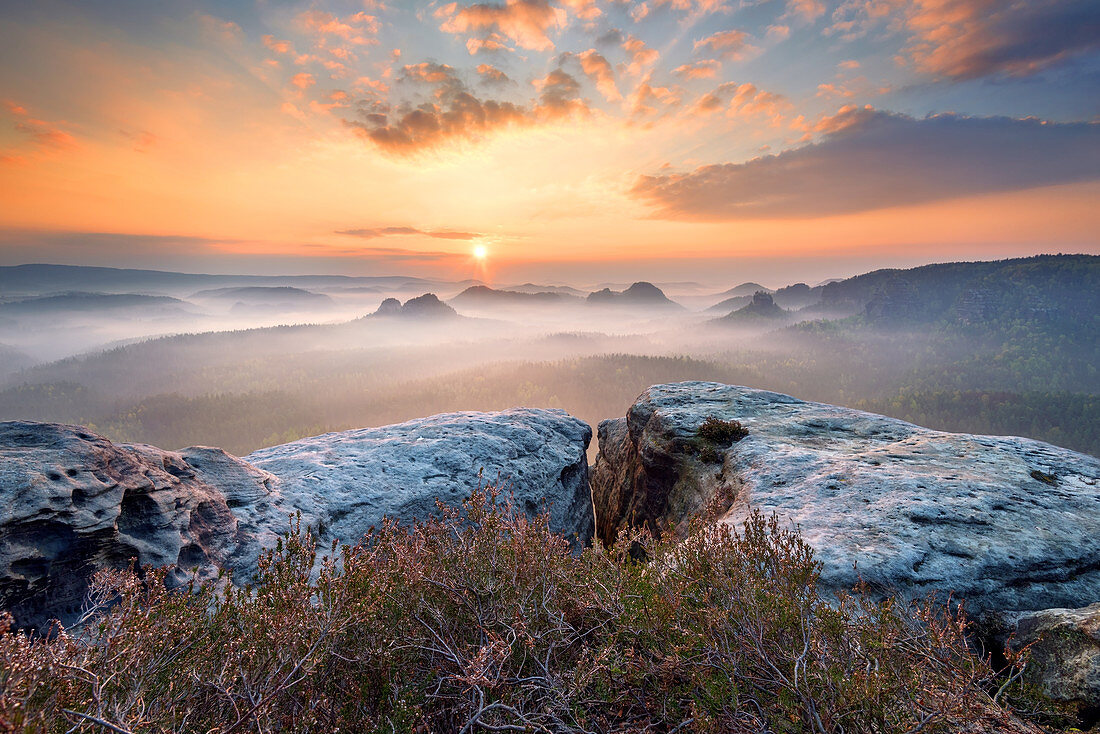 Misty sunrise over the Kleinen Winterberg hill, Saxon Switzerland highlands, Saxony, Germany, Europe