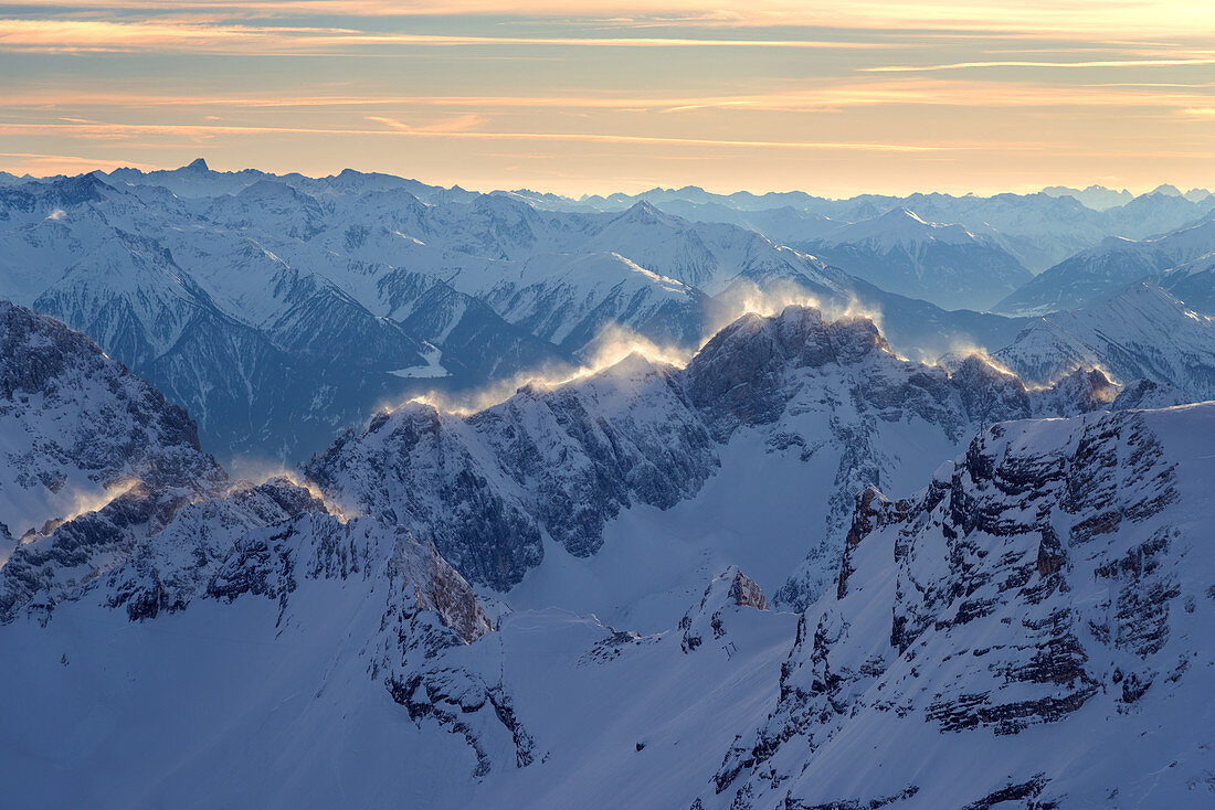 Alpine panorama seen from the Zugspitze in winter, Garmisch-Partenkirchen, Bavaria, Germany, Europe