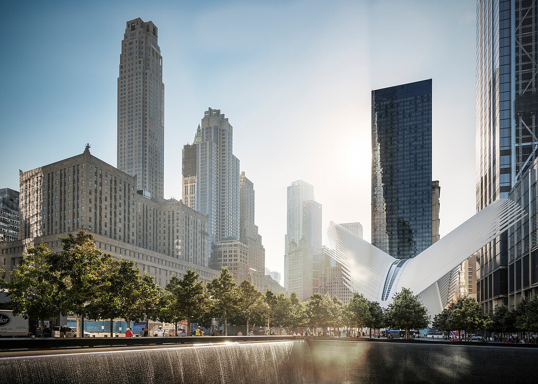 View above base bassins of collapsed 9/11 World Trade Center towards Oculus Station of famous architect Santiago Calatrava, WTC Memorial, Manhattan, NYC, New York City, United States of America, USA, Northern America