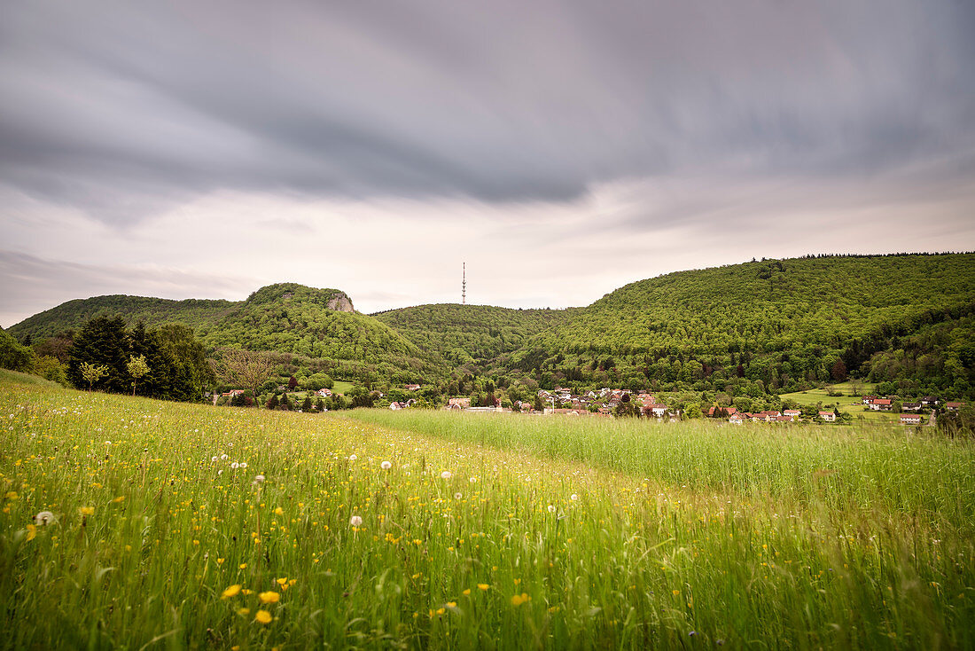 View at castle ruin Rosenstein and TV tower, Heubach close to Aalen, Ostalb District, Swabian Alb, Baden-Wuerttemberg, Germany