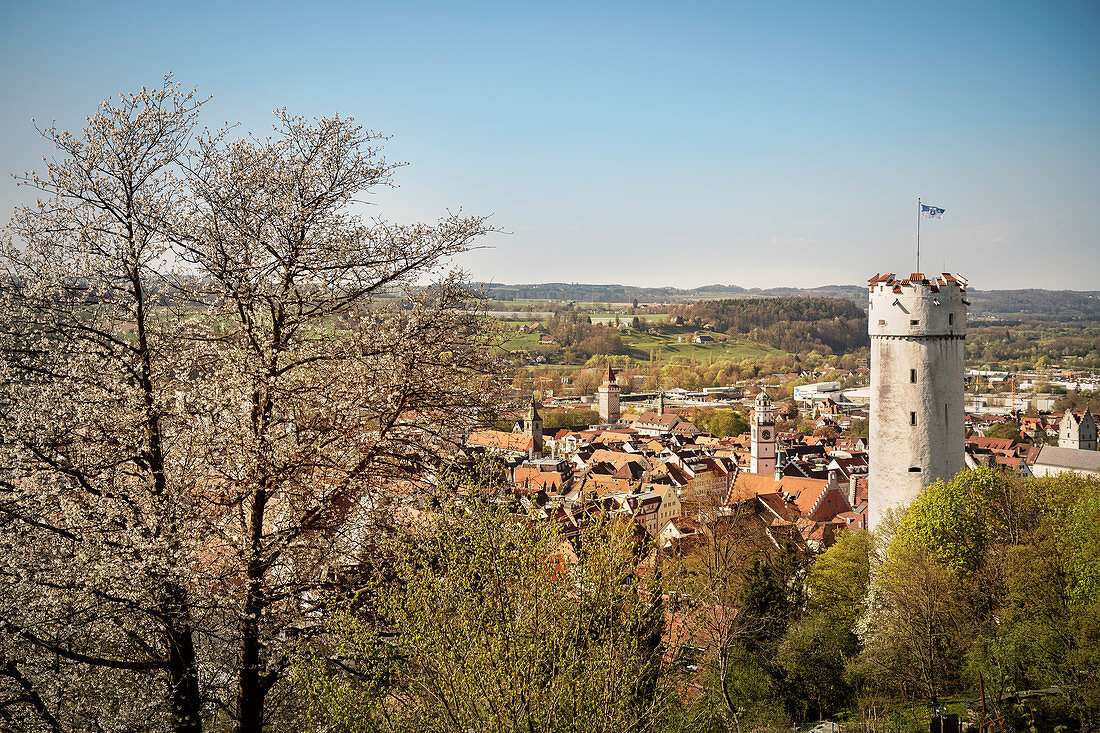View from Veits Castle at Mehlsack Tower and the surrounding landscape of Oberschwaben, Ravensburg, Baden-Wuerttemberg, Germany