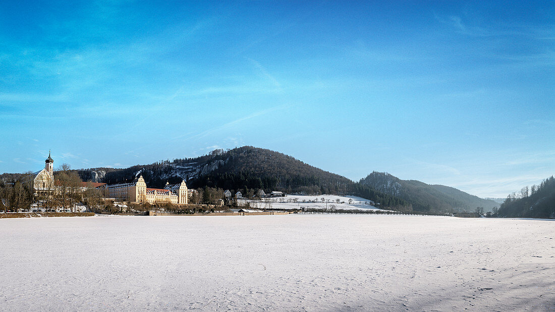 Beuron Monastry surrounded by snow, nature park Upper anube Valley, rural district Sigmaringen, Swabian Alb, Danube River, Baden-Wuerttemberg, Germany