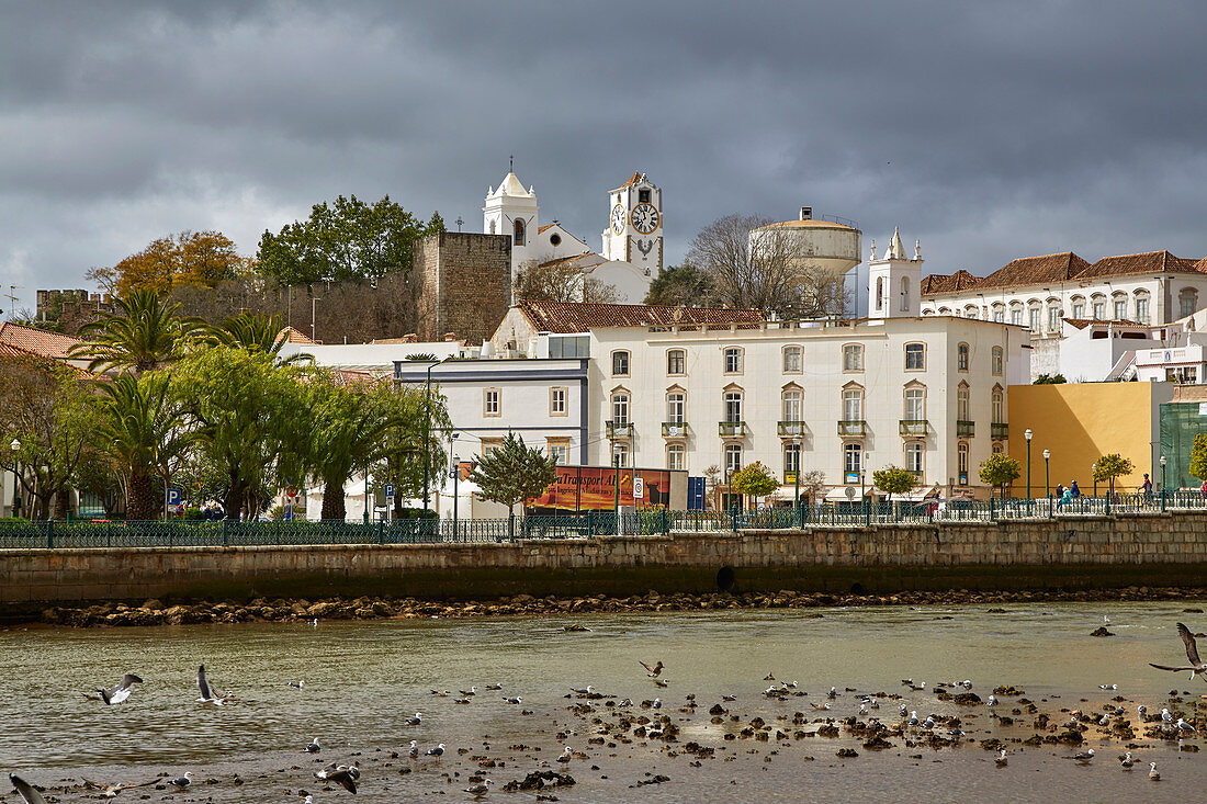 View across the river Gilao at the Arabic quarter of Tavira, District Faro, Region of Algarve, Portugal, Europe