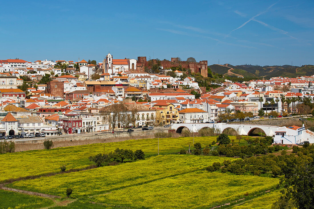 View at Silves with castle and cathedral (Sé), District Faro, Region of Algarve, Portugal, Europe