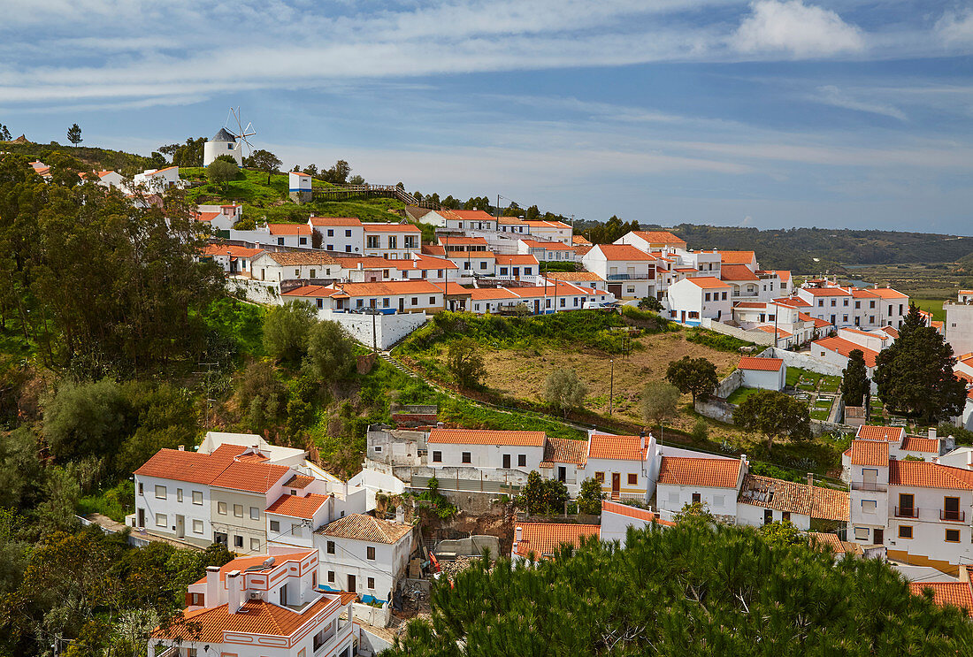 View at Odeceixe, White houses with red roofs, Atlantic Ocean, District Faro, Region of Algarve, Portugal, Europe