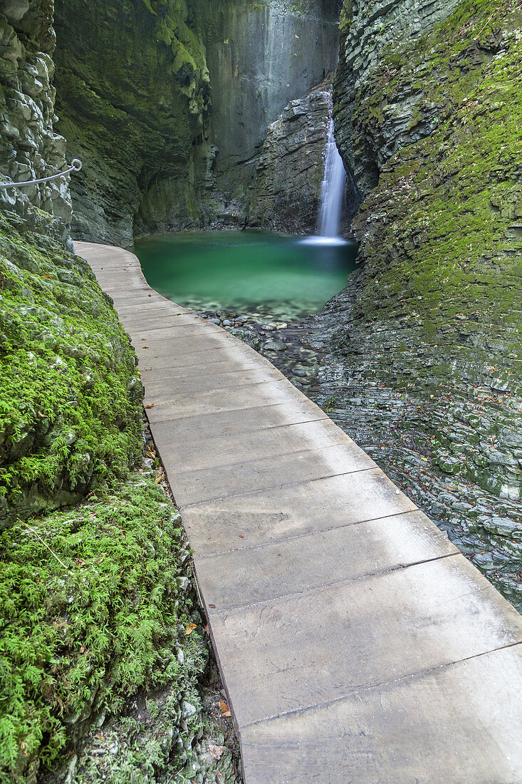 Path through the gorge to the waterfall Kozjak, near river Soca, near Kobarid, Soca Valley, Julian Alps, Goriška, Primorska, Slovenia, Central Europe, Europe