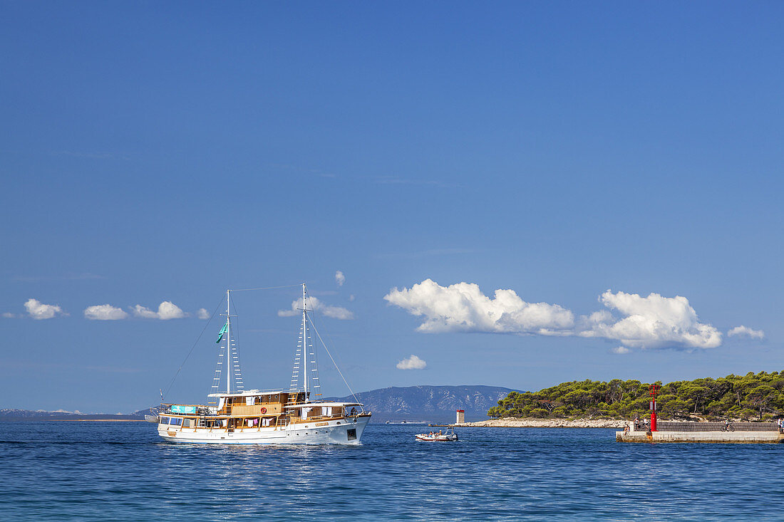 Motor sailing ship in front of the island Rab, kvarner bay, Mediterranean Sea, Primorje-Gorski kotar, North Croatia, Croatia, Southern Europe, Europe