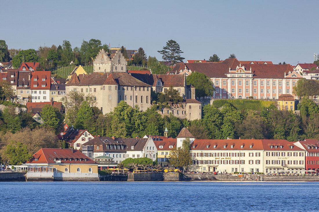 View over lake Constance to Meersburg with castle Meersburg and the New Castle, Baden, Baden-Wuerttemberg, South Germany, Germany, Central Europe, Europe