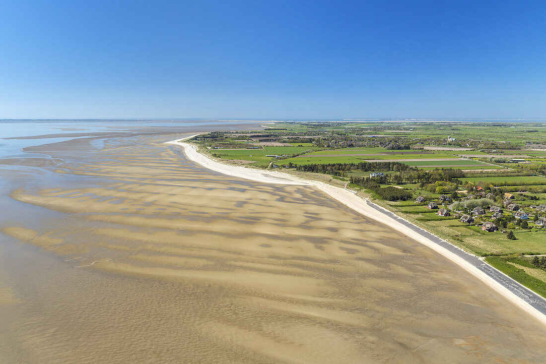 Flight over the North Frisian Island Föhr with view of Nieblum, North Sea, Schleswig-Holstein, Northern Germany, Germany, Europe