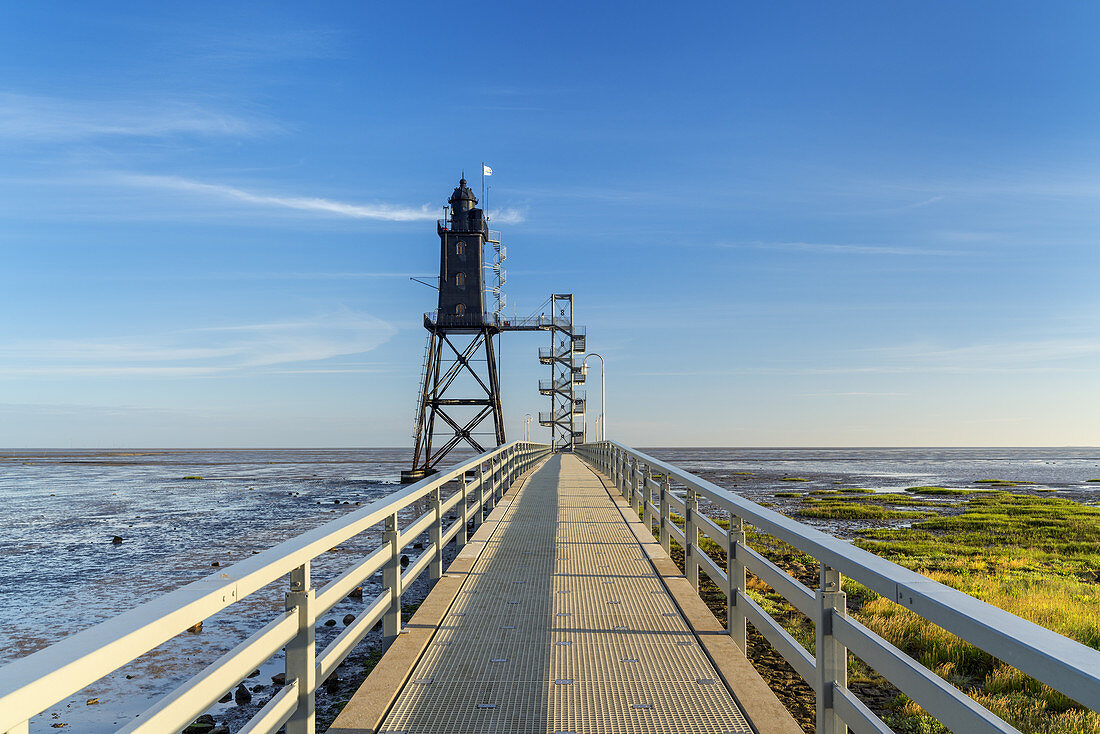 Dorumer Leuchtturm im Wattenmeer, Dorum-Neufeld, Dorum, Land Wursten, Niedersachsen, Norddeutschland, Deutschland, Europa