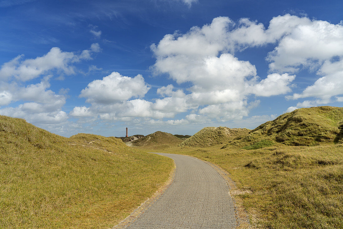 Path through the dunes to the lighthouse on the East Frisian Island Norderney, North Sea, Lower Saxony, Northern Germany, Germany, Europe