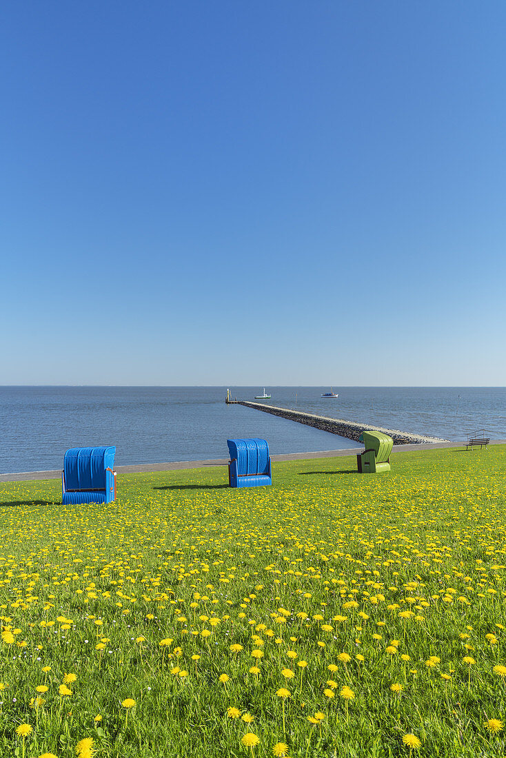 Strandkörbe an der Hooger Fähre auf der Insel Pellworm, Nordfriesische Inseln, Schleswig-Holstein, Norddeutschland, Deutschland, Europa